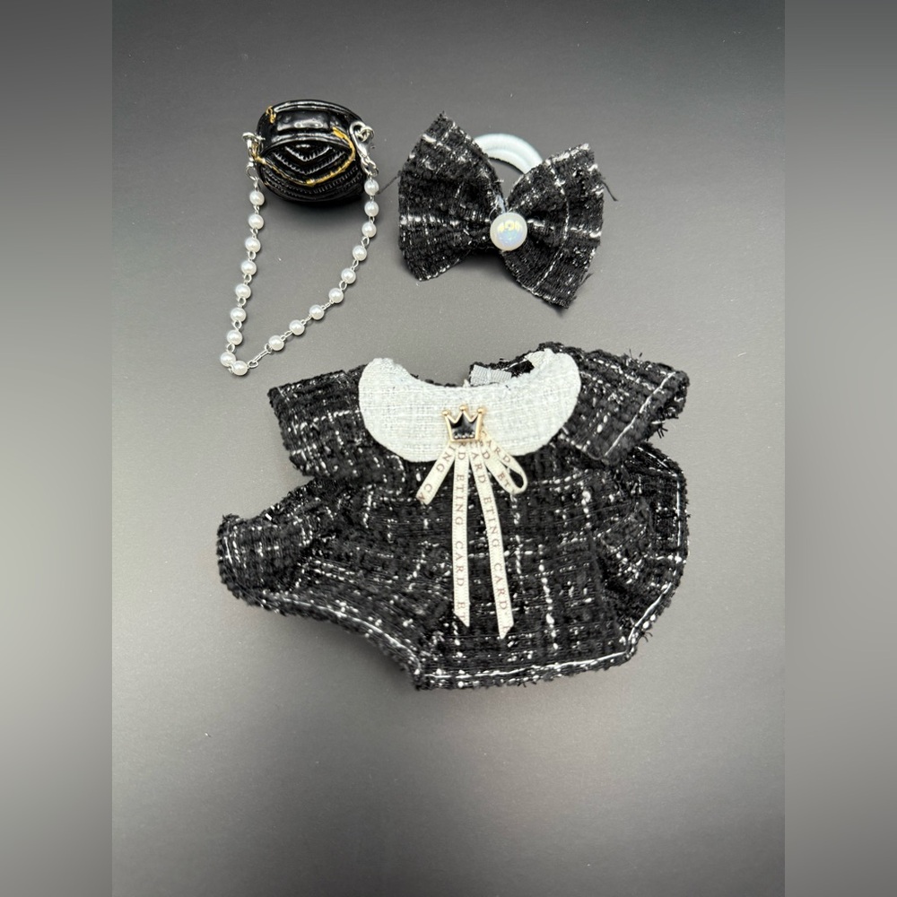 Elegant Black N White tweed dress headband and purse outfit for lububu Doll NEW